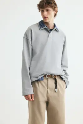 Polo à manches longues Oversized Fit - Gris clair chiné — photo 1
