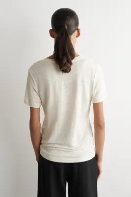 T-SHIRT LIN COL V - IVOIRE — photo 3