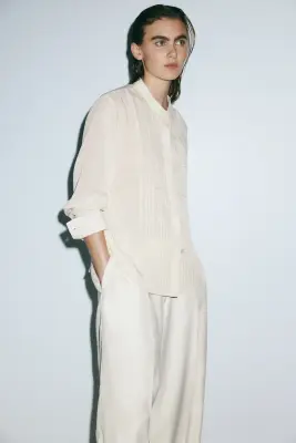 Blouse à boutons avec plis nervure - Beige clair — photo 3