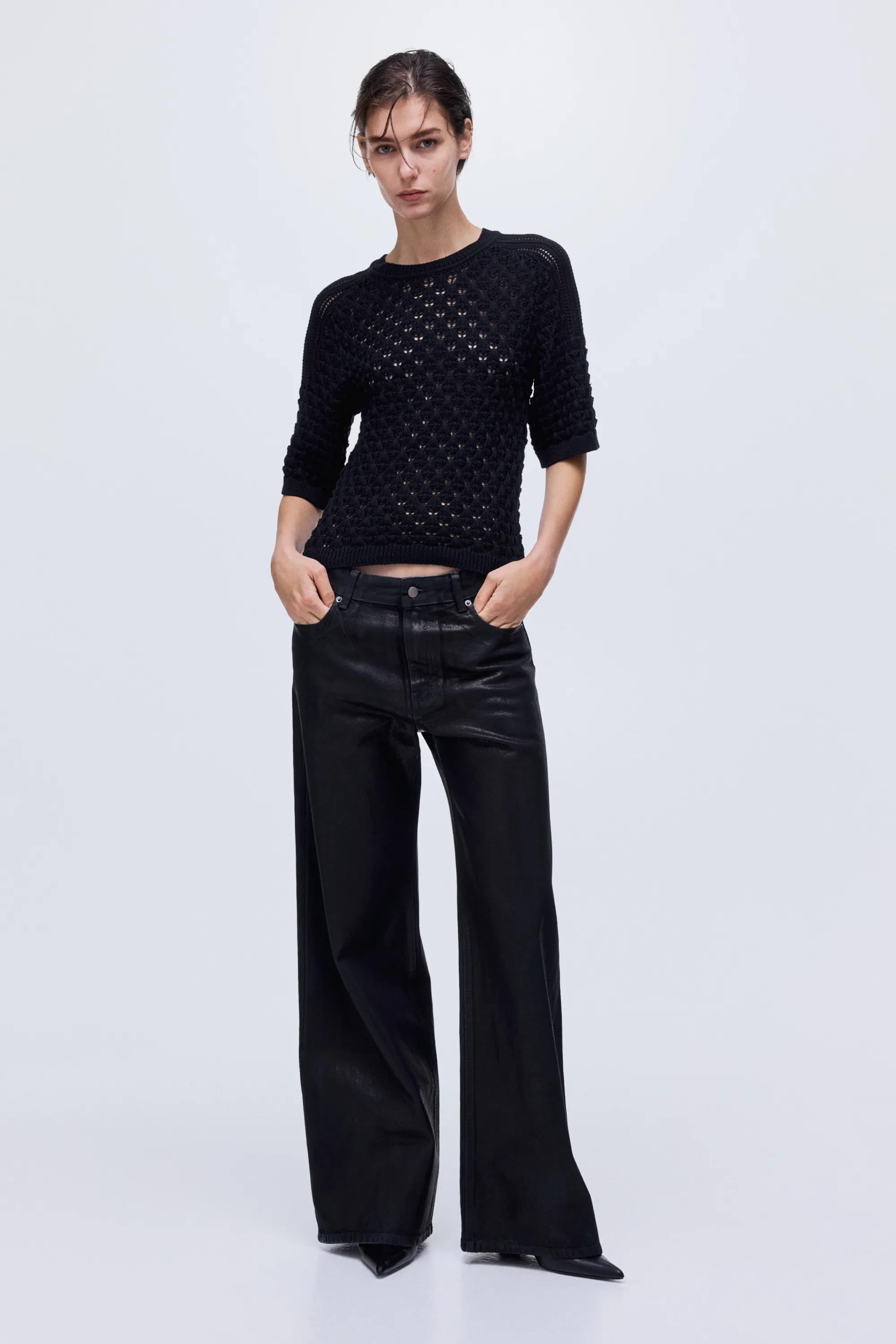T-shirt en maille pointelle - Noir