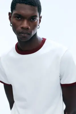 T-shirt en coton avec bordures contrastées et manches courtes - Blanc - Liseré Rouge — photo 2
