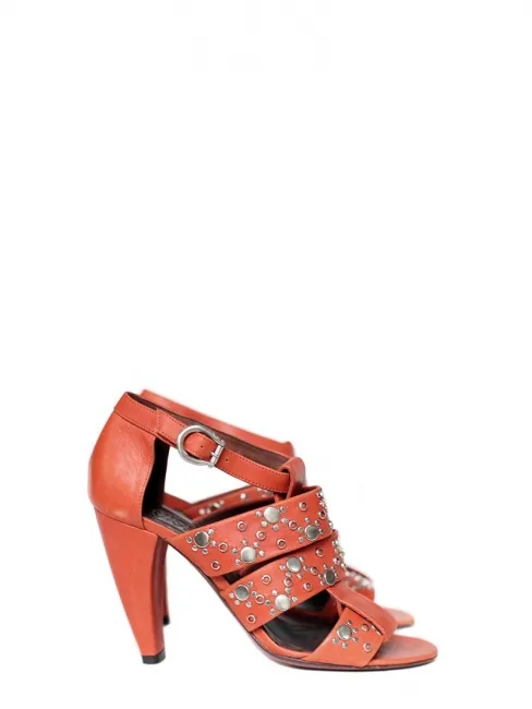 Sandales multi-strap en cuir rouge orangé et studs argent Px boutique 600€ Taille 37