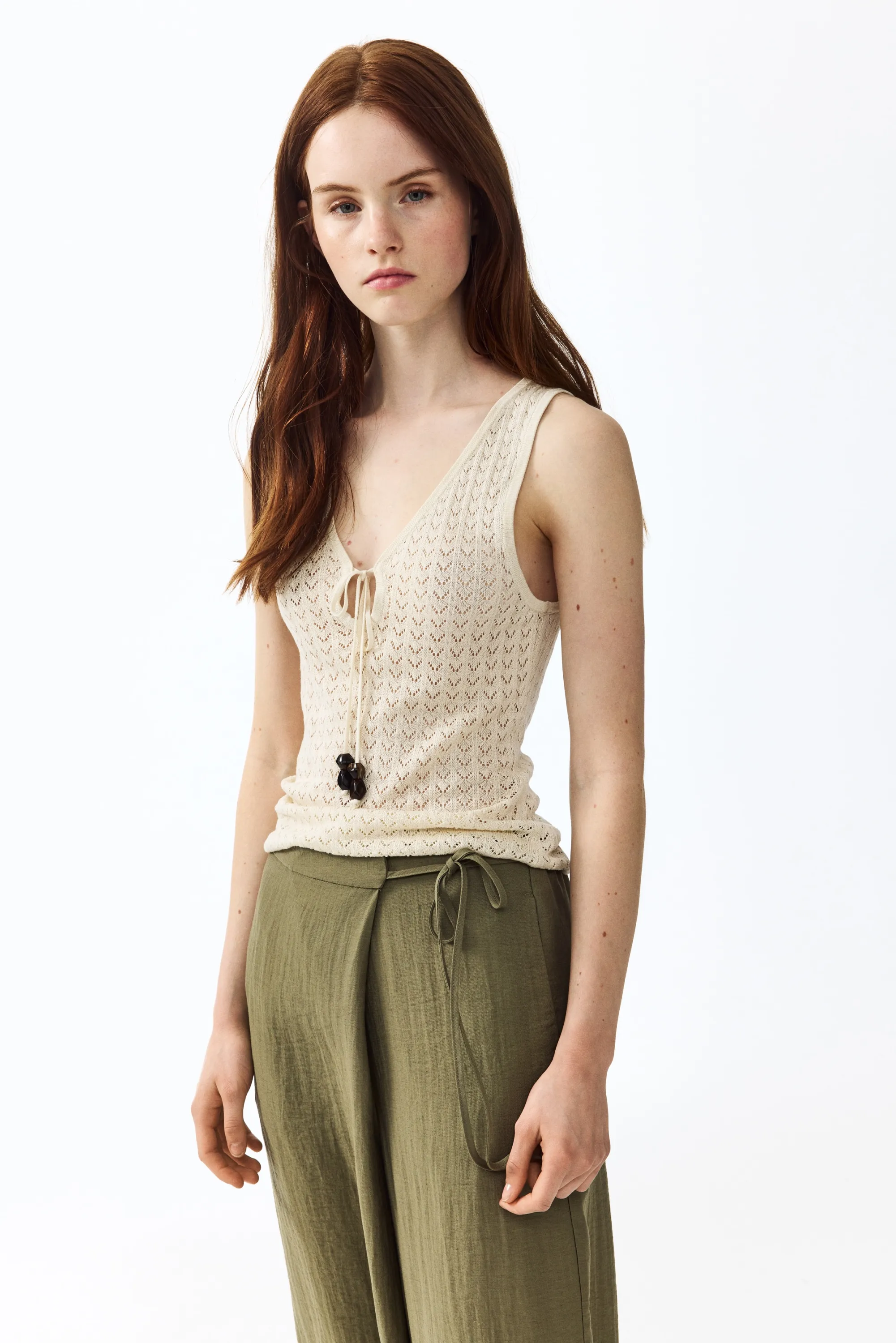 Pantalon à pan croisé en lin mélangé - Vert kaki