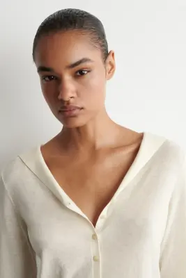 CHEMISE EN MAILLE DE COTON ET SOIE À COL MARIN - CRÈME — photo 3