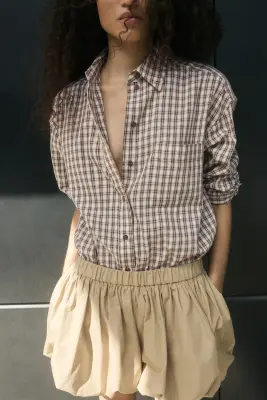 Chemise oversize en coton - Beige clair/carreaux — photo 2