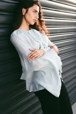 Blouse cape volantée - Bleu ancien clair — photo 3
