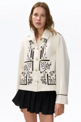 Veste en twill avec broderies - Beige clair/fleurs — photo 2