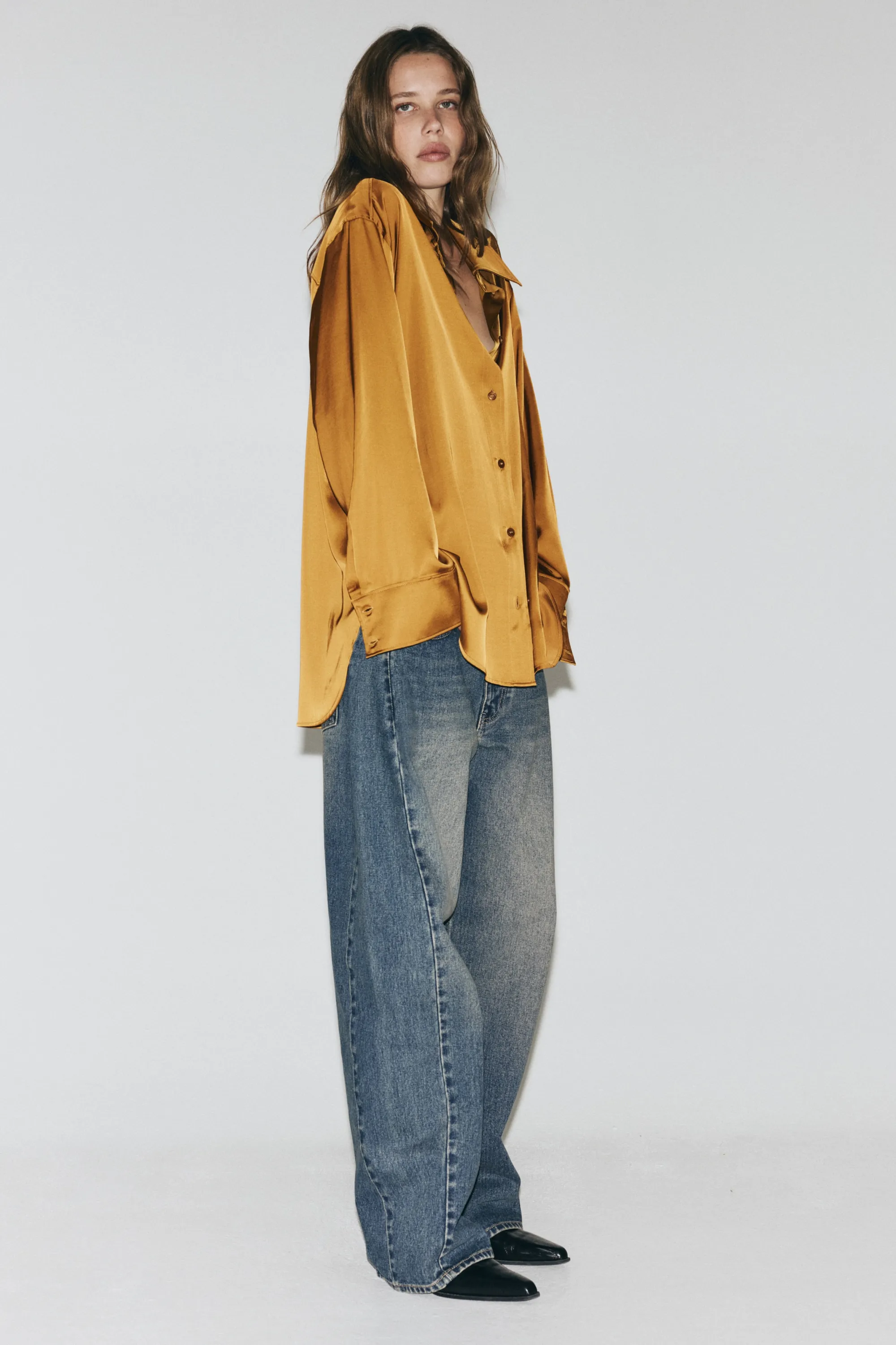 Chemise oversize en satin - Jaune doré foncé