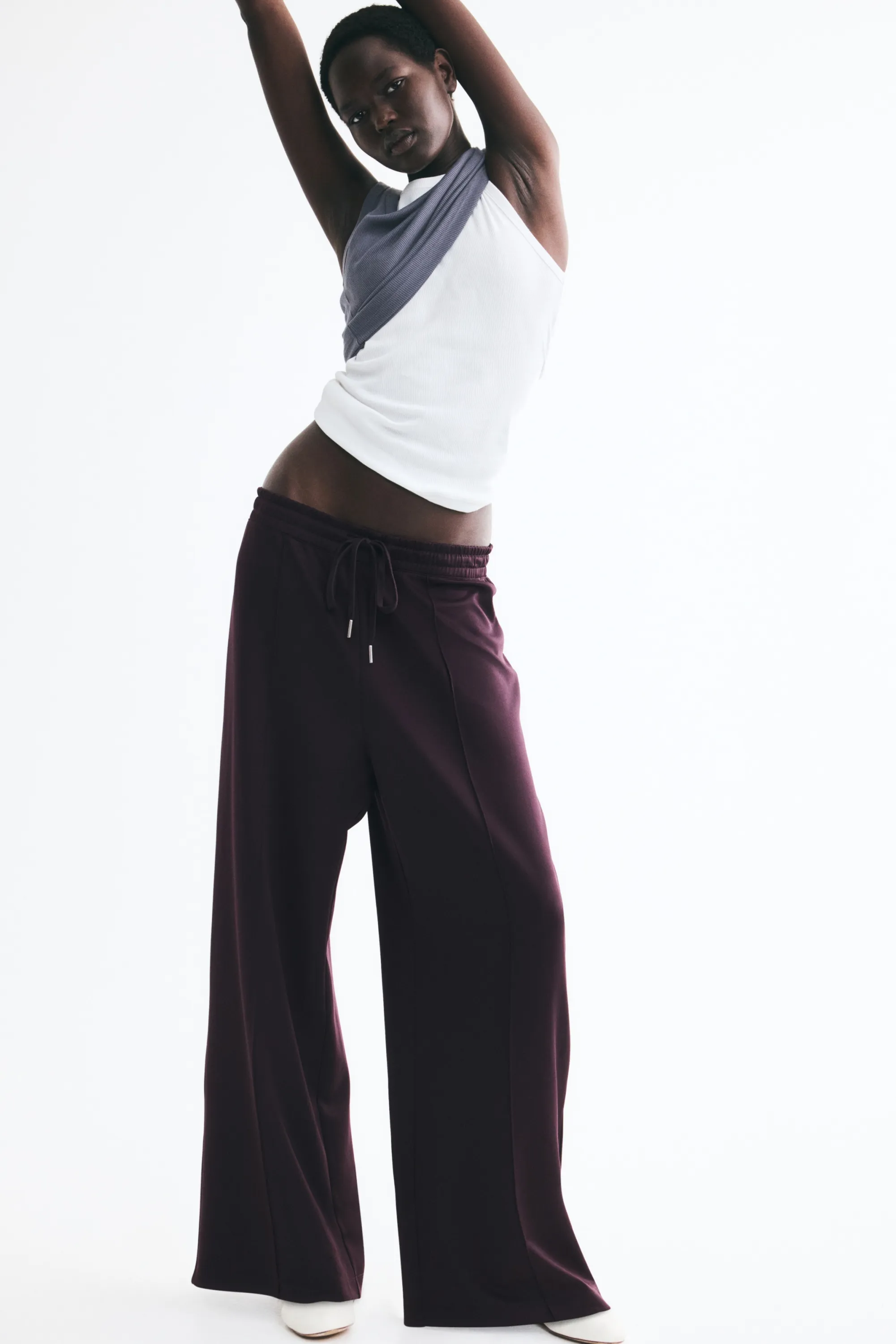 Pantalon finement côtelé avec cordon de serrage - Violet foncé