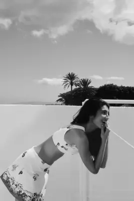 Crop top en coton - Crème/motif — photo 3