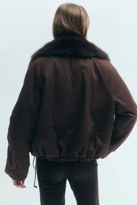 Veste en twill avec col duveteux - Marron foncé — photo 3