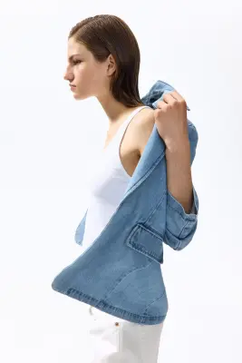 Blazer à manches froncées en denim - Bleu denim — photo 3