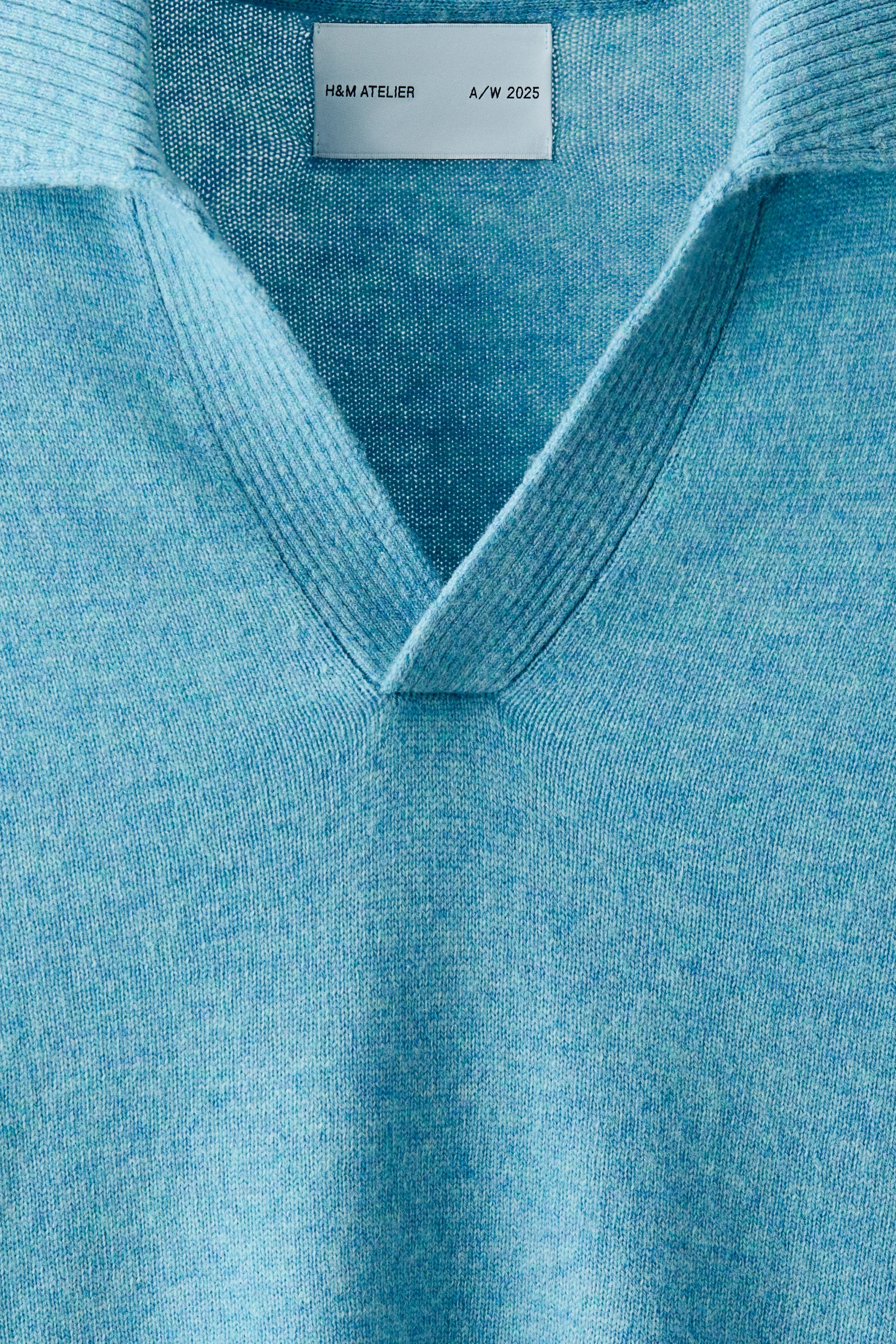 Pull façon polo en laine mélangée - Bleu d'eau