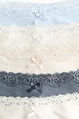 Lot de 5 culottes Brazilian en coton et dentelle - Bleu ancien/crème — photo 2