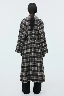 Manteau maxi avec ceinture - Marron foncé/carreaux — photo 4