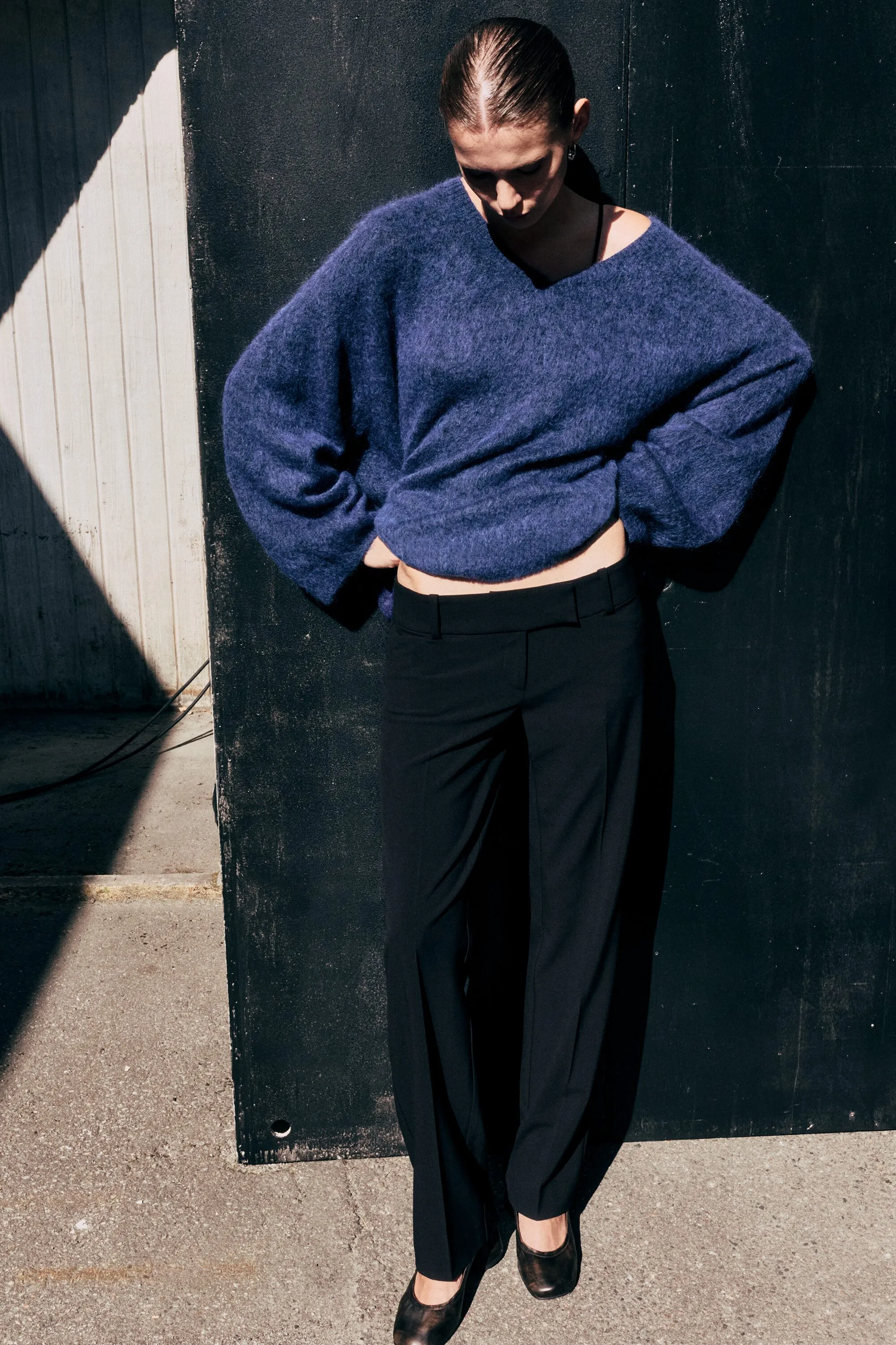 Pull col en V mélangé mohair - Bleu