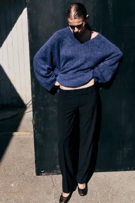 Pull col en V mélangé mohair - Bleu — photo 1