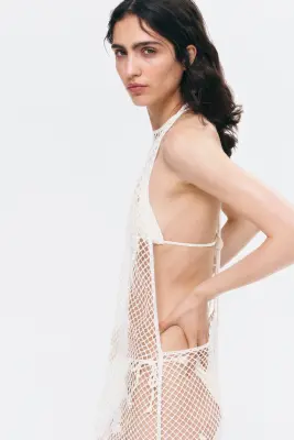 Robe dos nu façon crochet avec perles fantaisie - Crème — photo 2