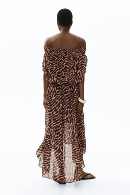 Robe épaules nues en mousseline - Marron foncé/motif — photo 3