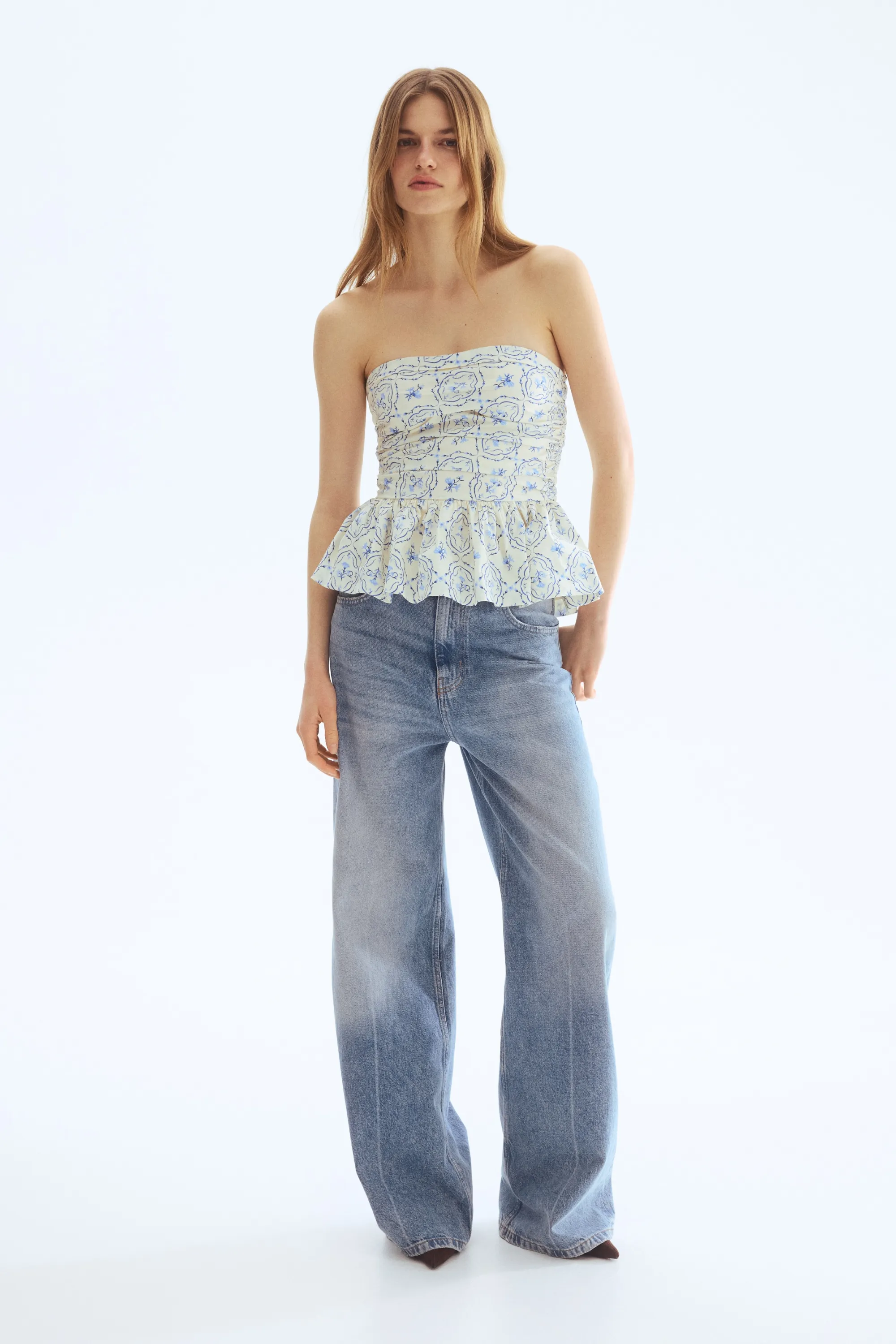 Top bandeau avec basque - Beige clair/fleuri