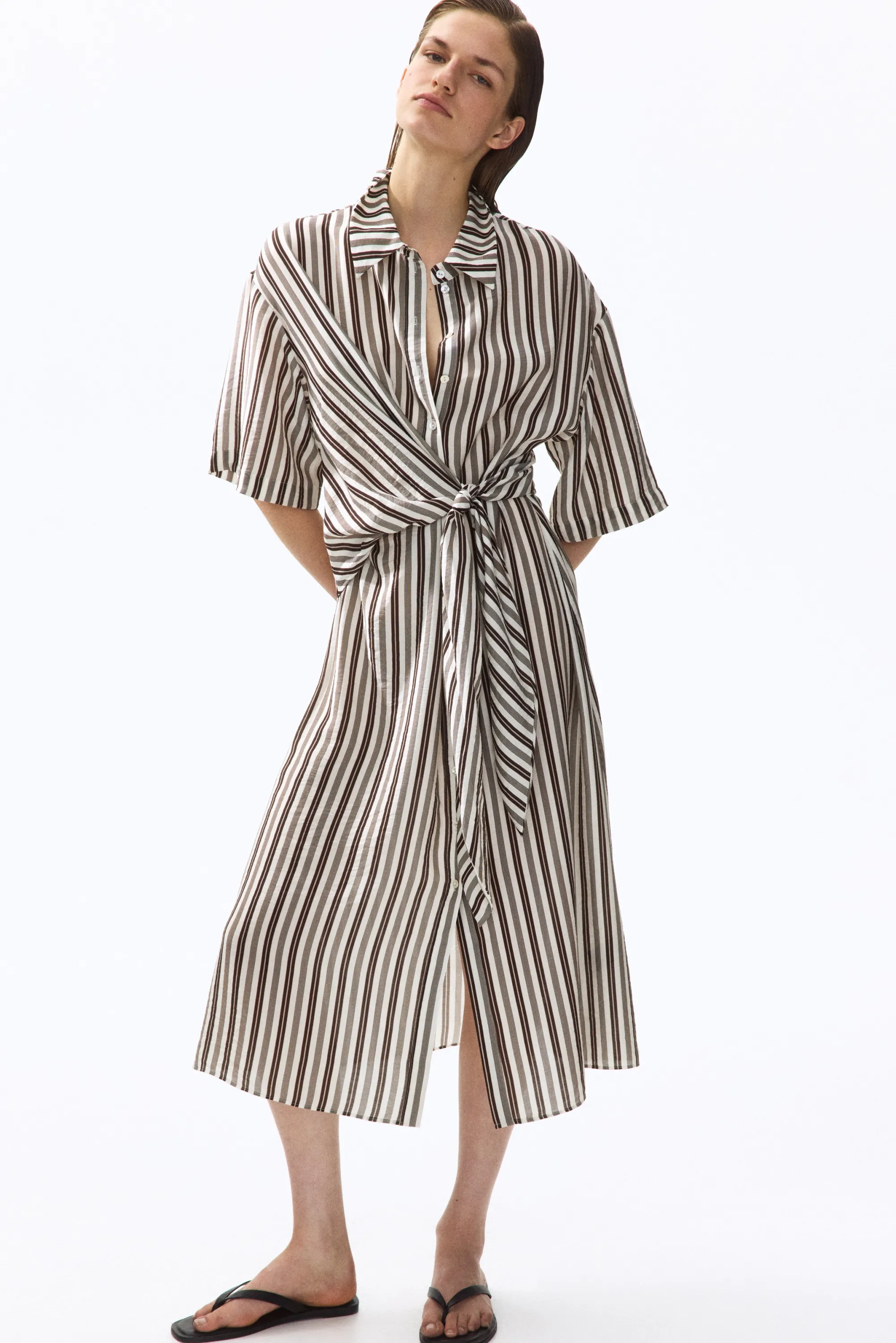 Robe chemise avec détail à nouer - Crème/rayé
