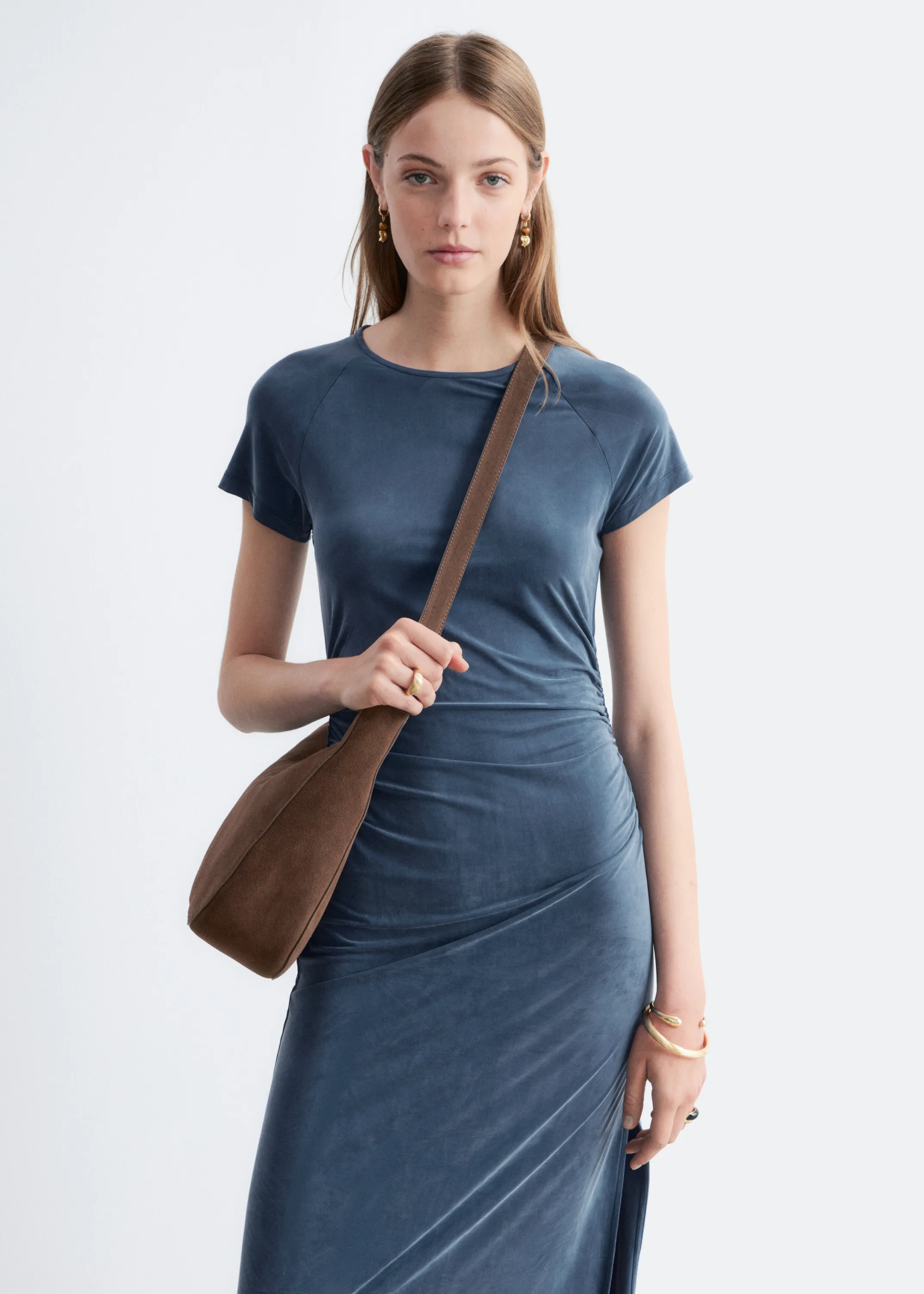 Robe midi froncée à manches raglan - Bleu foncé
