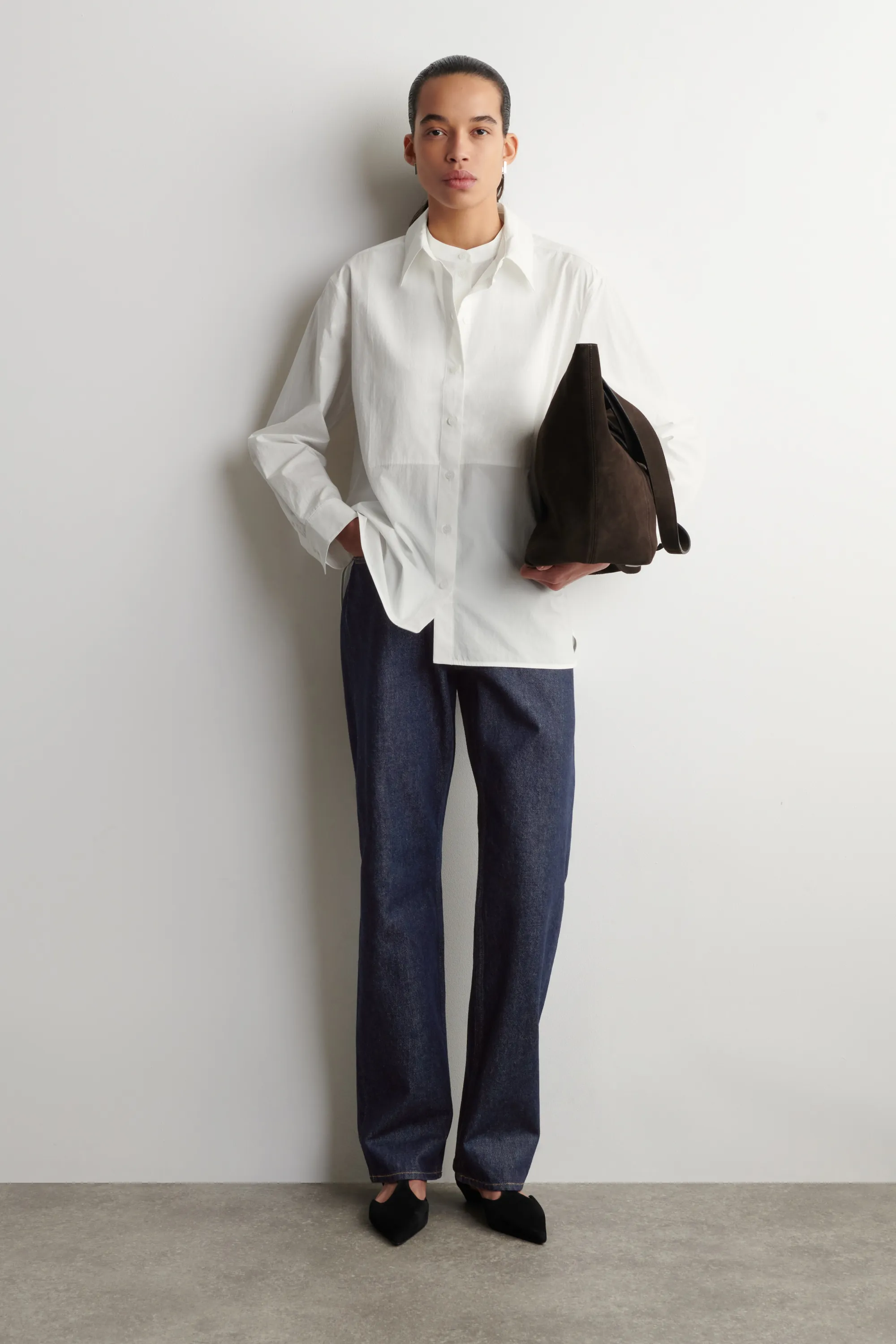 CHEMISE À COL SUPERPOSÉ EN COTON PIMA - BLANC