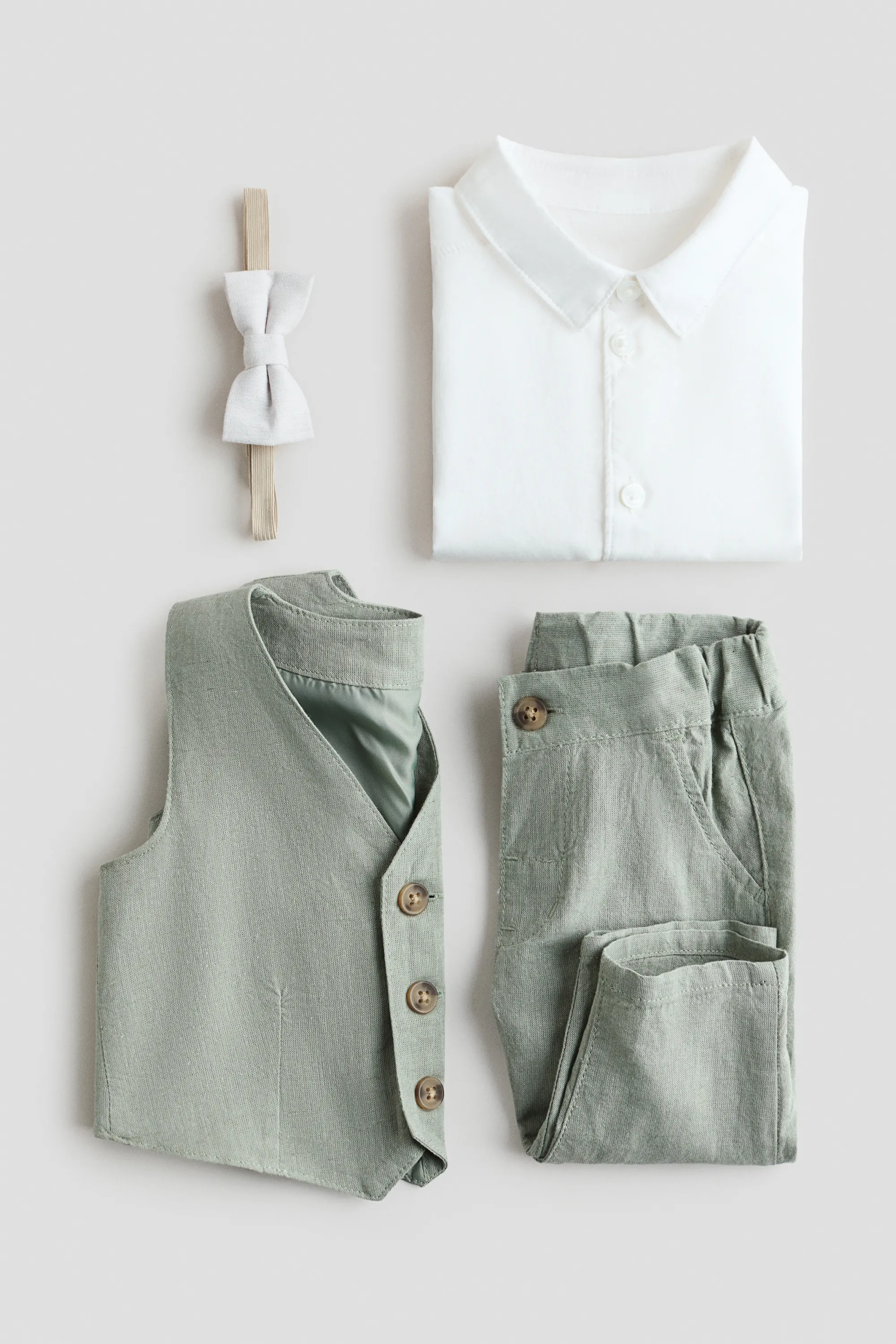 Ensemble habillé 4 pièces en lin mélangé - Vert kaki clair/blanc