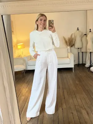 Pantalon taille haute évasé en cotton blanc à rayures Prix boutique 600€ Taille XS — photo 3