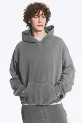 Sweat à capuche ample en coton lourd - Gris délavé — photo 2