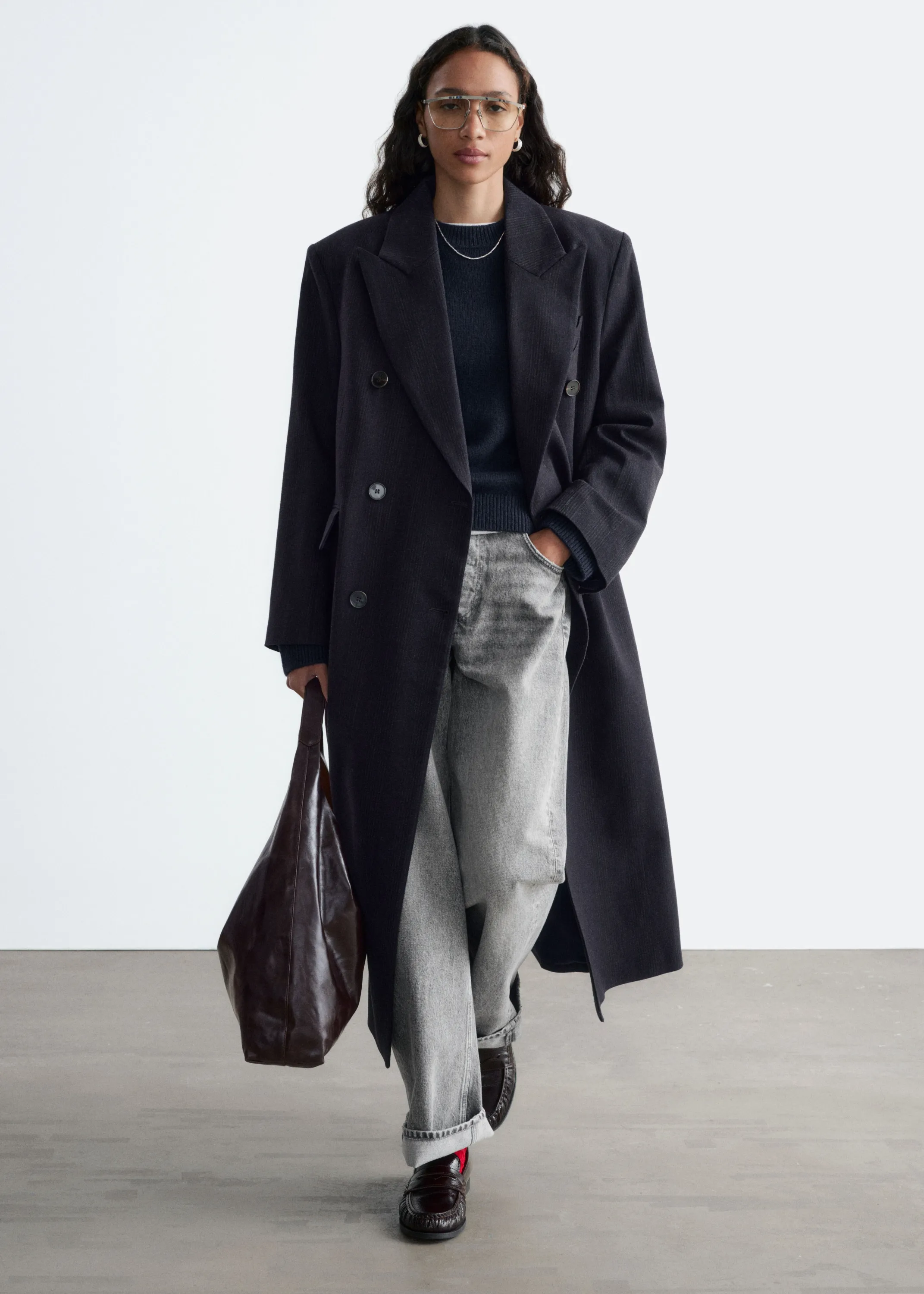 Manteau croisé en coton et en laine - Marron foncé