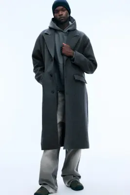 Manteau oversize en laine mélangée à boutonnage simple - Gris foncé chiné — photo 2
