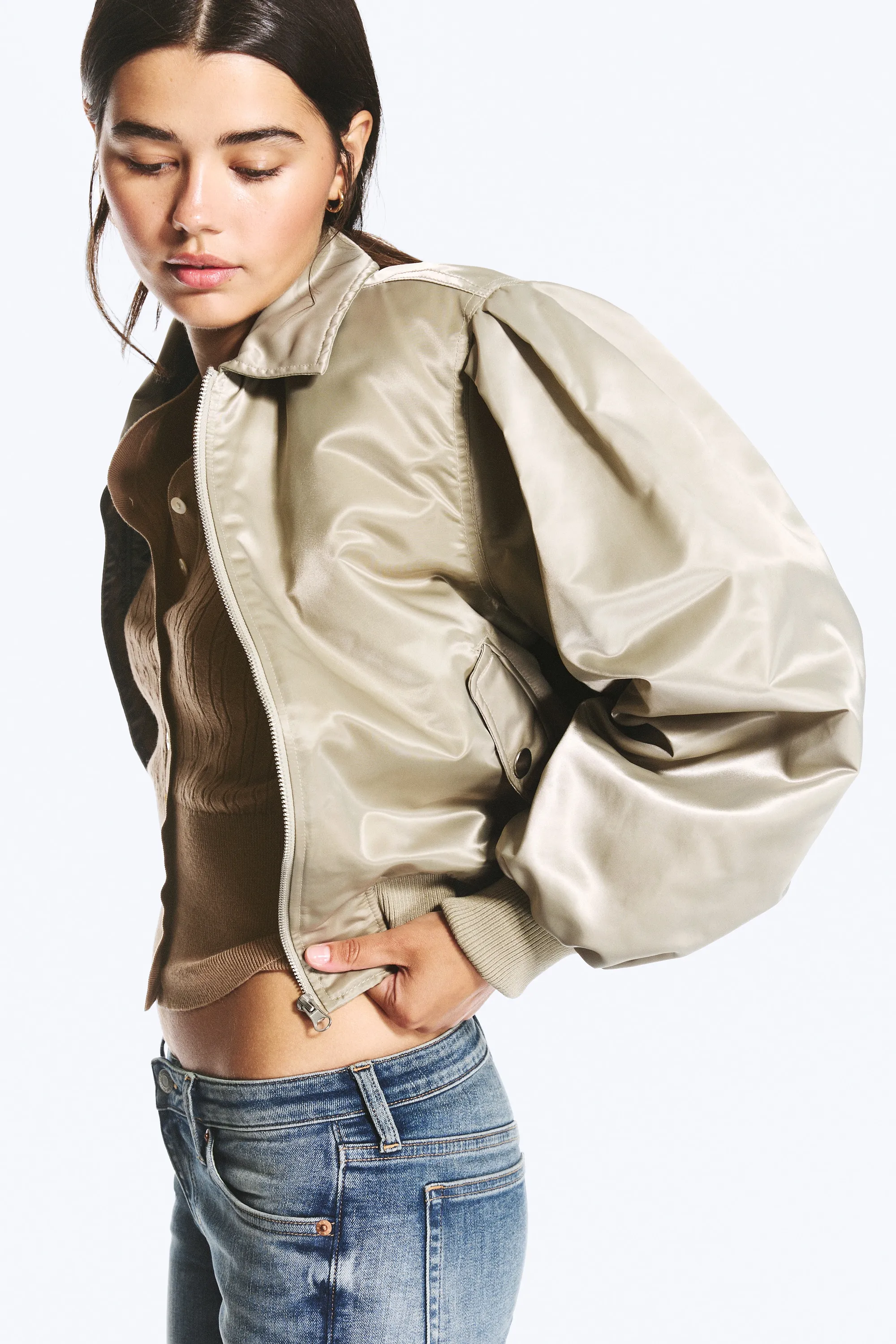 VESTE BOMBER EN NYLON AMPLE YULIA B - Vert kaki clair
