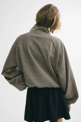 Veste en maille jacquard avec manches ballon - Beige clair/carreaux — photo 4