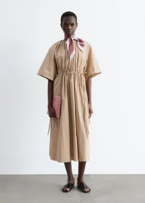 Robe midi à cordon de serrage - Beige — photo 2