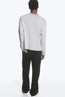 T-shirt ample à manches longues - Blanc/Gris rayé — photo 3