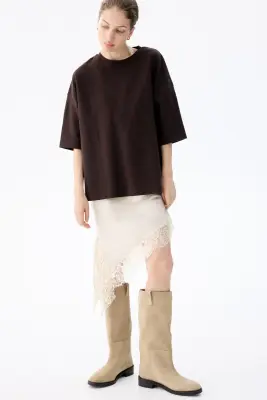 Bottes de hauteur genou en cuir velours fendu - Beige — photo 2