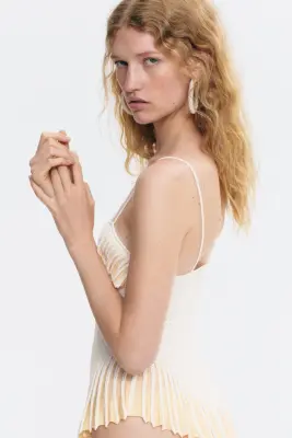 Top volanté en maille pointelle - Blanc/jaune — photo 2