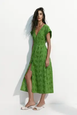 Robe en coton avec broderie anglaise - Vert — photo 2