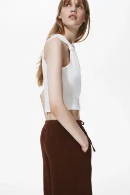 Pantalon en mousseline avec cordon de serrage - Marron — photo 2