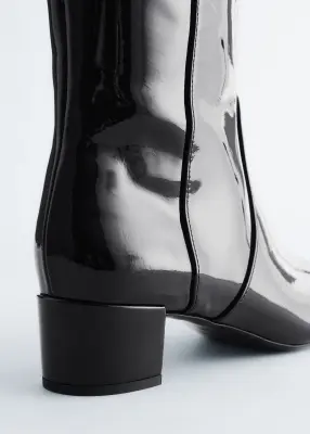 Bottes hauteur genou à talons en cuir - Verni noir — photo 2