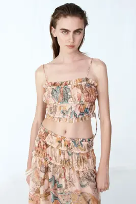 Crop top en lin mélangé - Beige/motif — photo 1