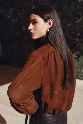 Veste oversize en cuir velours - Marron — photo 2