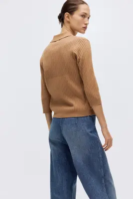 Top en maille côtelée - Beige foncé — photo 3