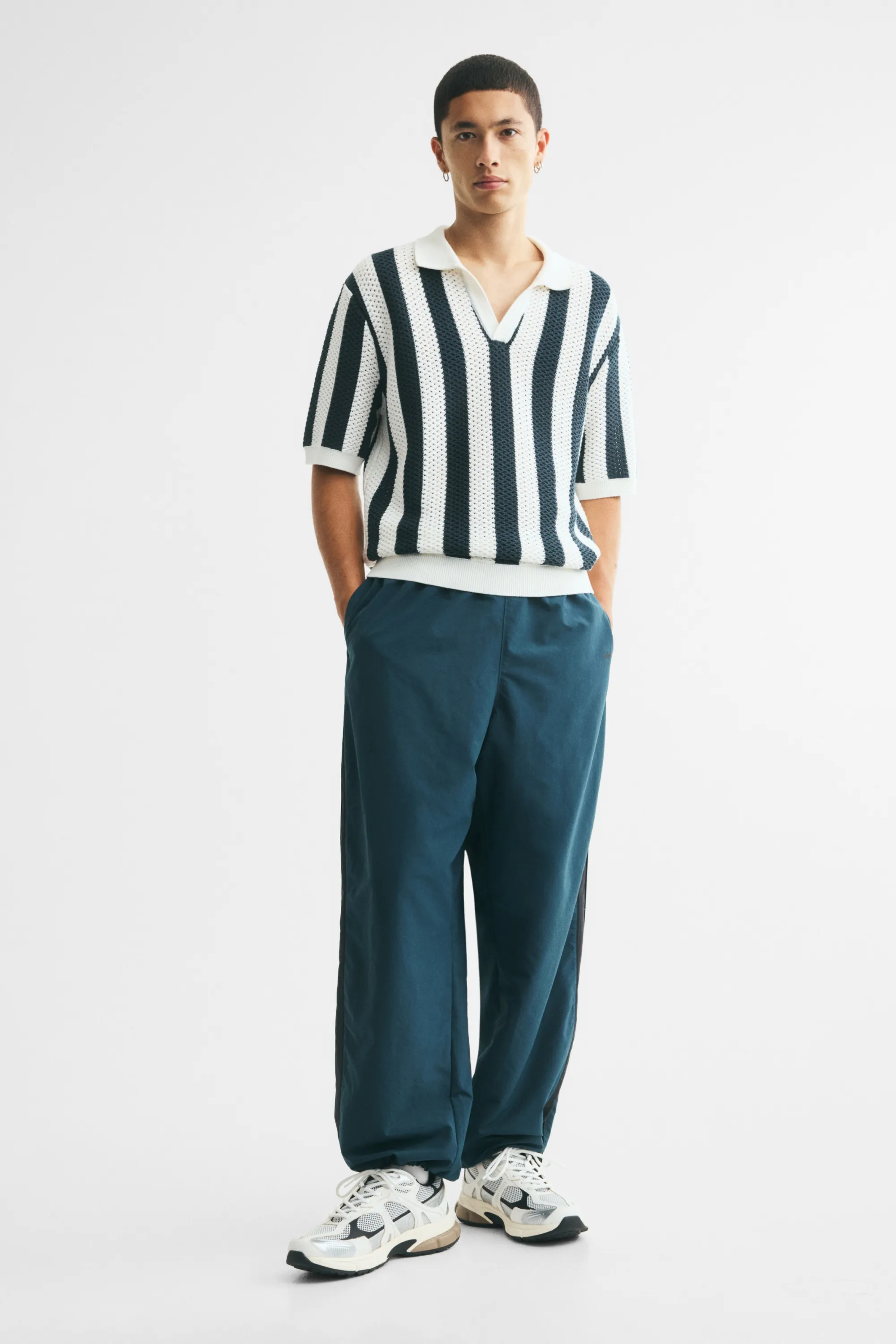 Polo Relaxed fit en maille ajourée - Crème/rayé
