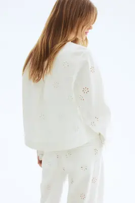 Veste en twill avec broderie anglaise - Blanc — photo 3