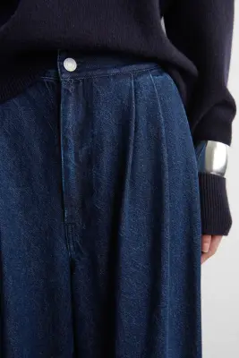 PANTALON LARGE À PLIS EN DENIM - BLEU FONCÉ — photo 3