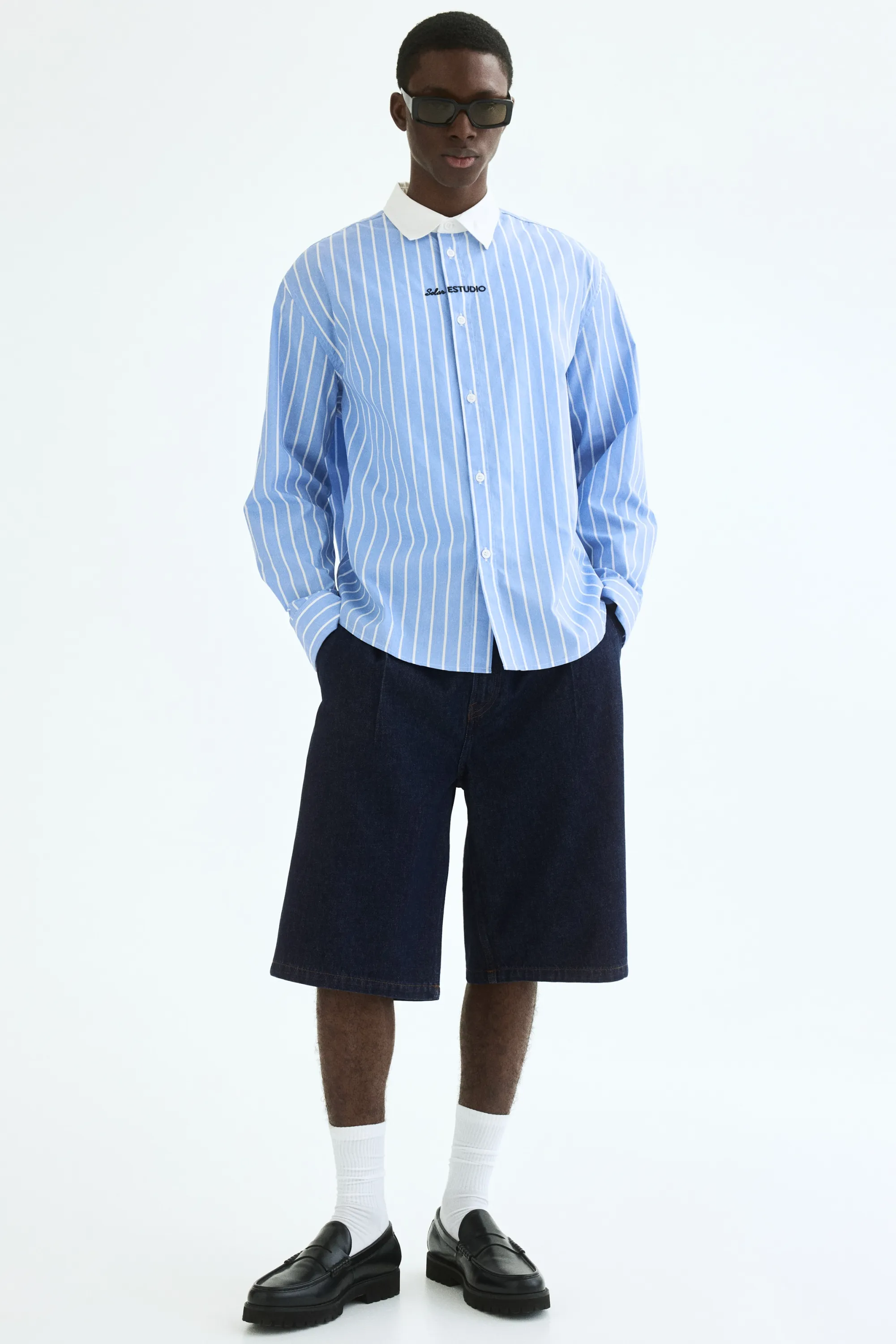 Chemise Relaxed Fit en coton avec motifs brodés - Bleu clair/rayé