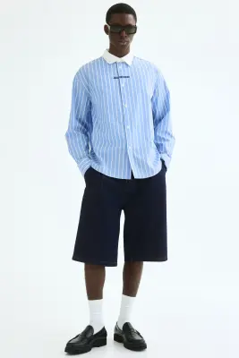 Chemise Relaxed Fit en coton avec motifs brodés - Bleu clair/rayé — photo 1