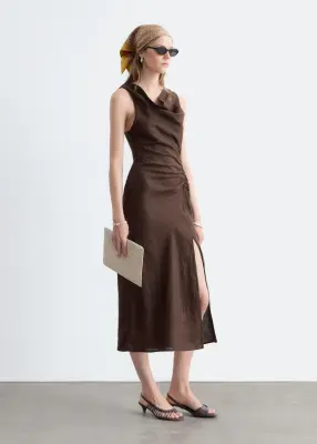 Robe midi en lin à bretelle torsadée - Marron foncé — photo 4